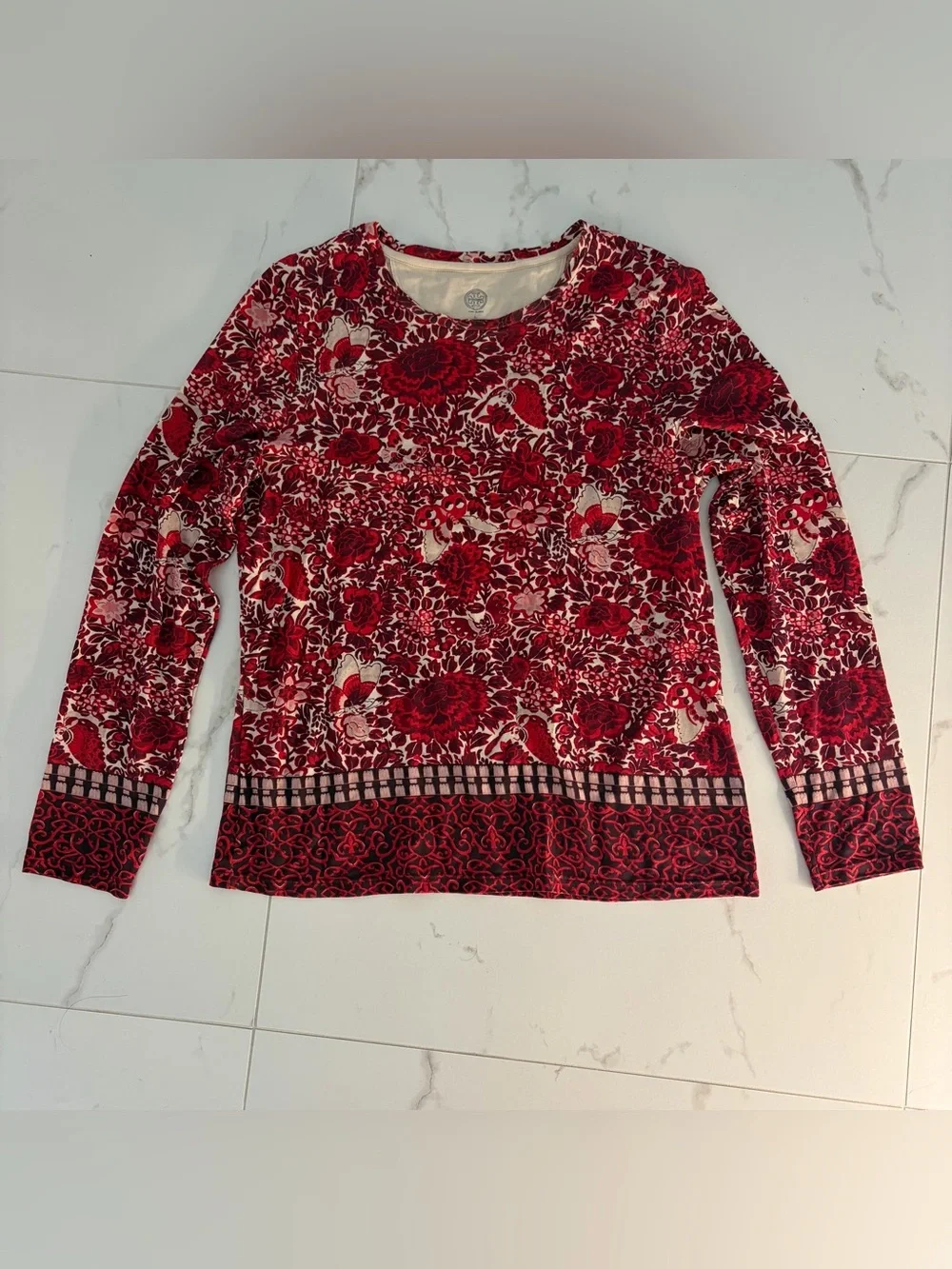 Tory Burch Womens Large Red Floral Long Sleeve 100% Pima Cotton Blouse Tee Shirt
